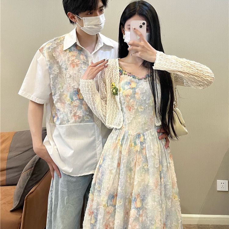 Couple's Outfit, Atmospheric Floral Lace Men's Shirt Suspender Skirt, Summer New Waist-Cinching Long Skirt