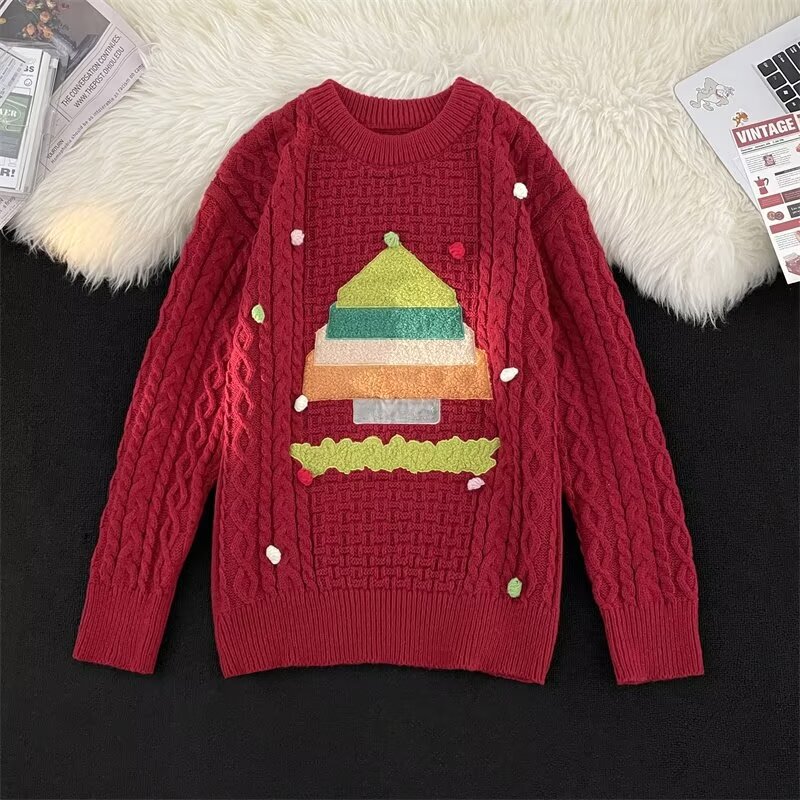 Flocking Sweater Men's Autumn and Winter 2024 New Korean Christmas Tree Women's Atmosphere Loose Knitted Sweater for Couple