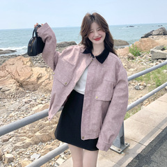 韩系粉紫色工装外套女2025秋新款撞色翻领小个子洋气减龄夹克上衣