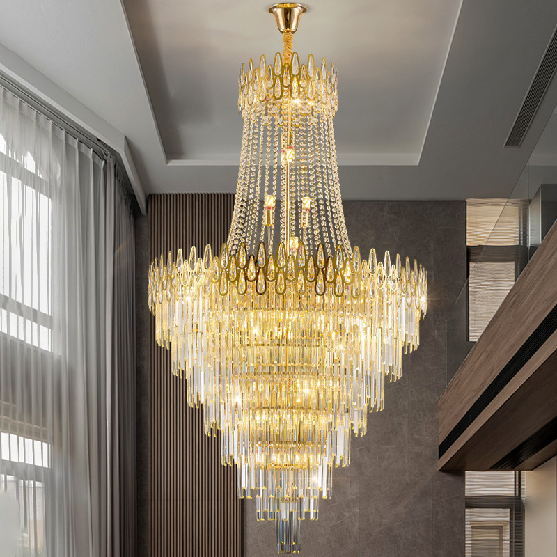 Villa Large Chandelier, Living Room Lamp, Duplex Floor Rotating Luxury Chandelier, Minimalist Post-Modern Light Luxury Staircase Crystal Chandelier