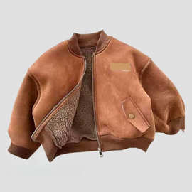 宝宝加绒外套2024秋冬新品男女童加厚保暖刺绣棒球服宝宝拉链衫潮