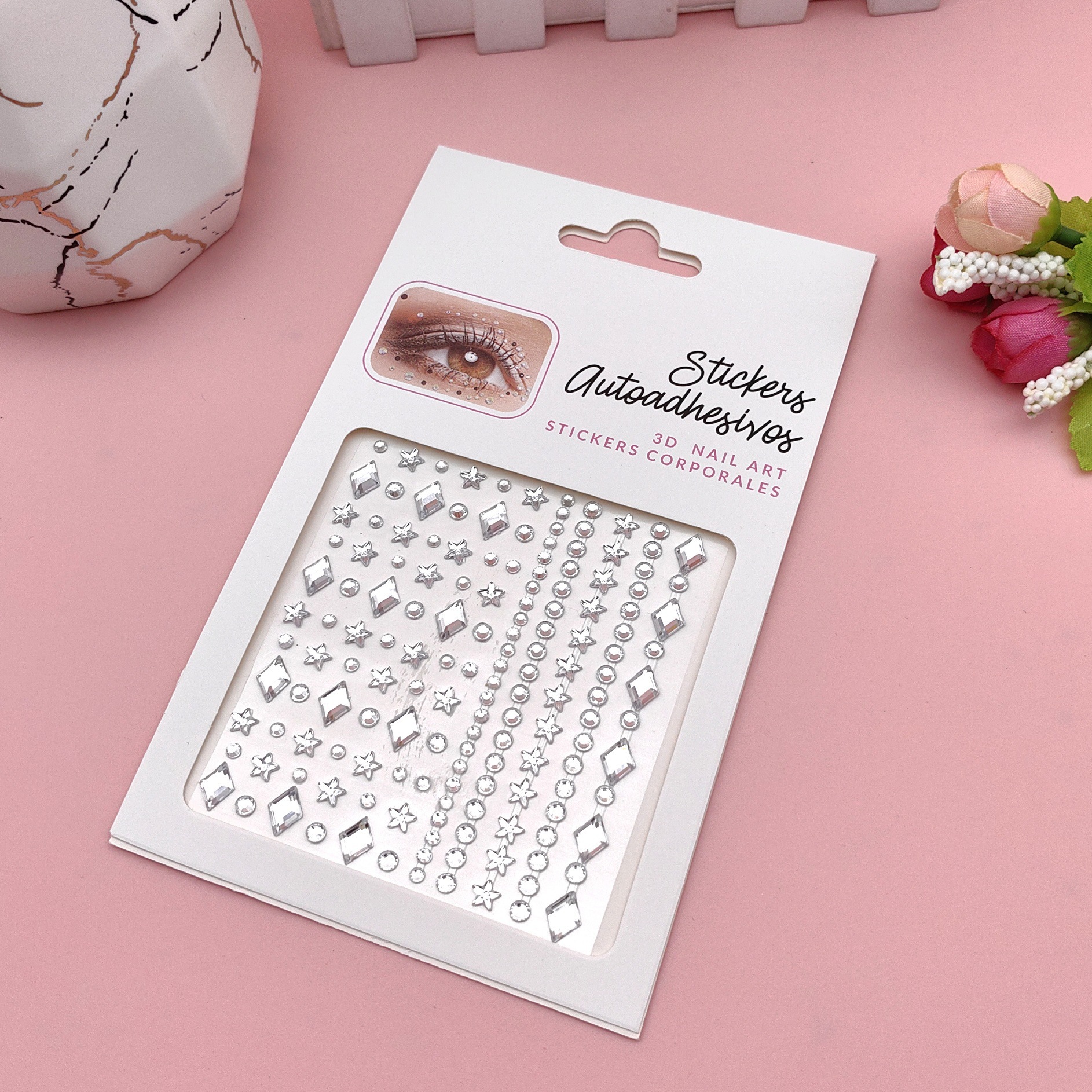 Pegatinas para maquillaje de ojos, pegatinas de diamantes de imitación para ojos, decoración facial, accesorios de maquillaje de perlas para diario, pegatinas de diamantes de imitación para escenario infantil, venta al por mayor en stock.