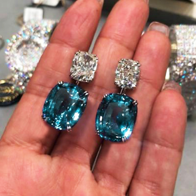 Fashion Square Diamond Zircon Earrings Peacock Blue Crystal Copper Earrings display picture 2