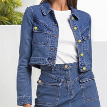 欧美女士夹克外套 袋盖装饰 多扣牛仔翻领短上衣