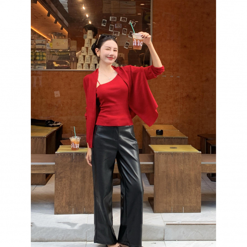 广州十三行韩系大气秋季新款女装简约百搭长袖针织开衫吊带两件套|undefined