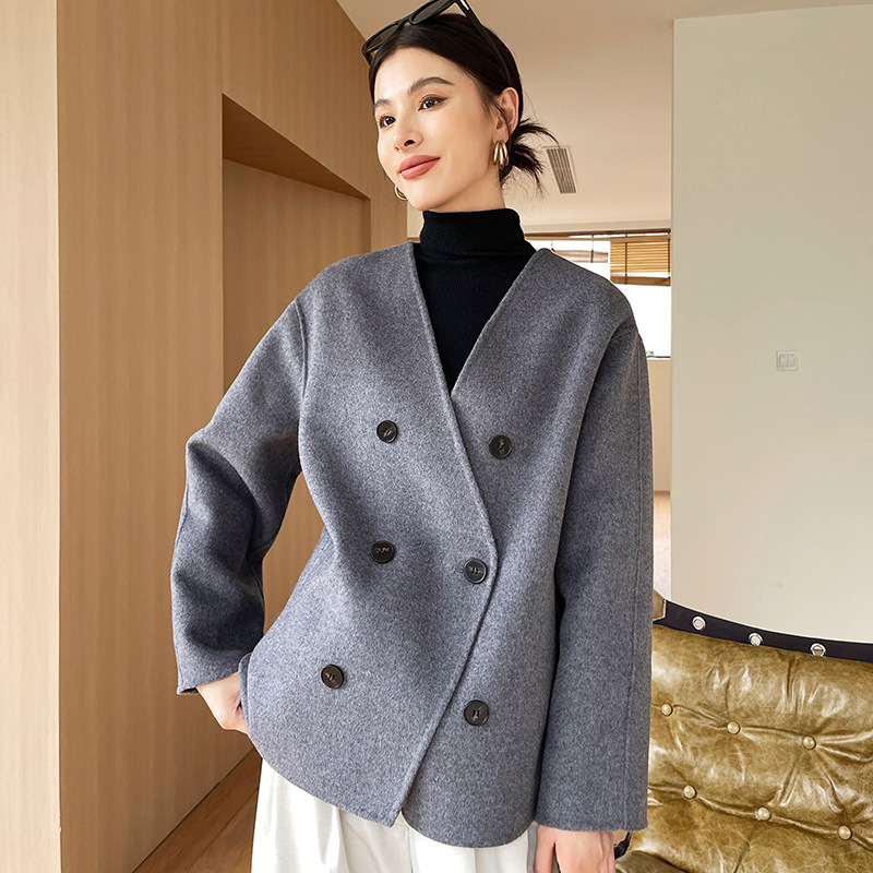 Autumn and Winter Pure Wool Women's V Neck Loose Short Design Elegant Versatile Small Buttoned Double-Sided Cashmere Coat