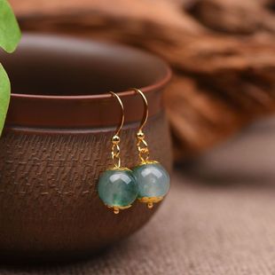 Natural Water Grass Agate Ear Hooks Lady Earrings Ethnic Style Simple Earrings Elegant Versatile Palace Style Ear Wire
