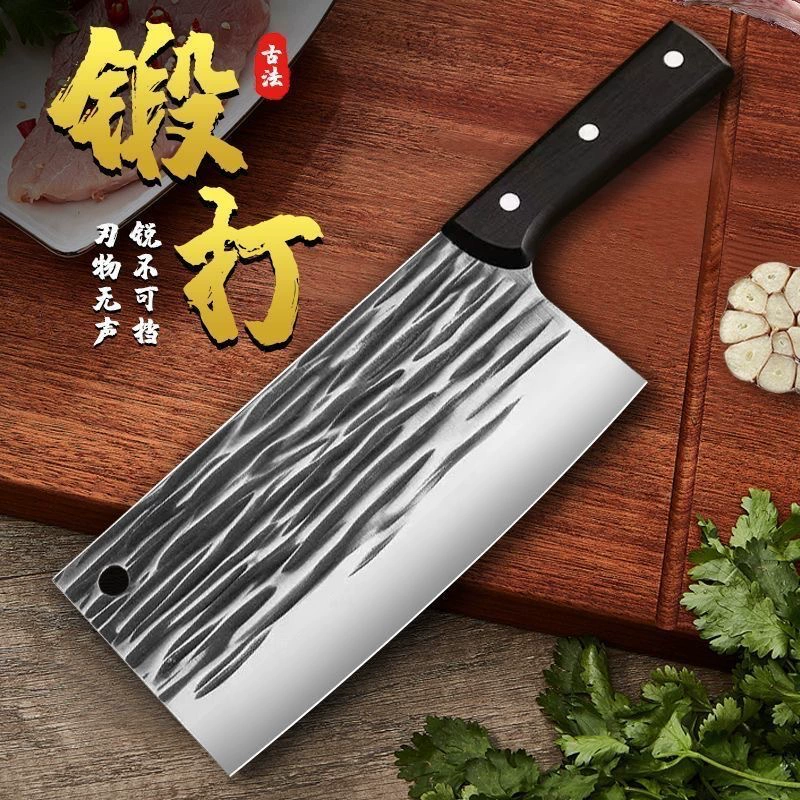 Ручной кованый нож для измельчения, кухонный нож двойного назначения, бытовой острый кухонный нож без шлифовки, нож для нарезки мяса, полосатый квадратный нож