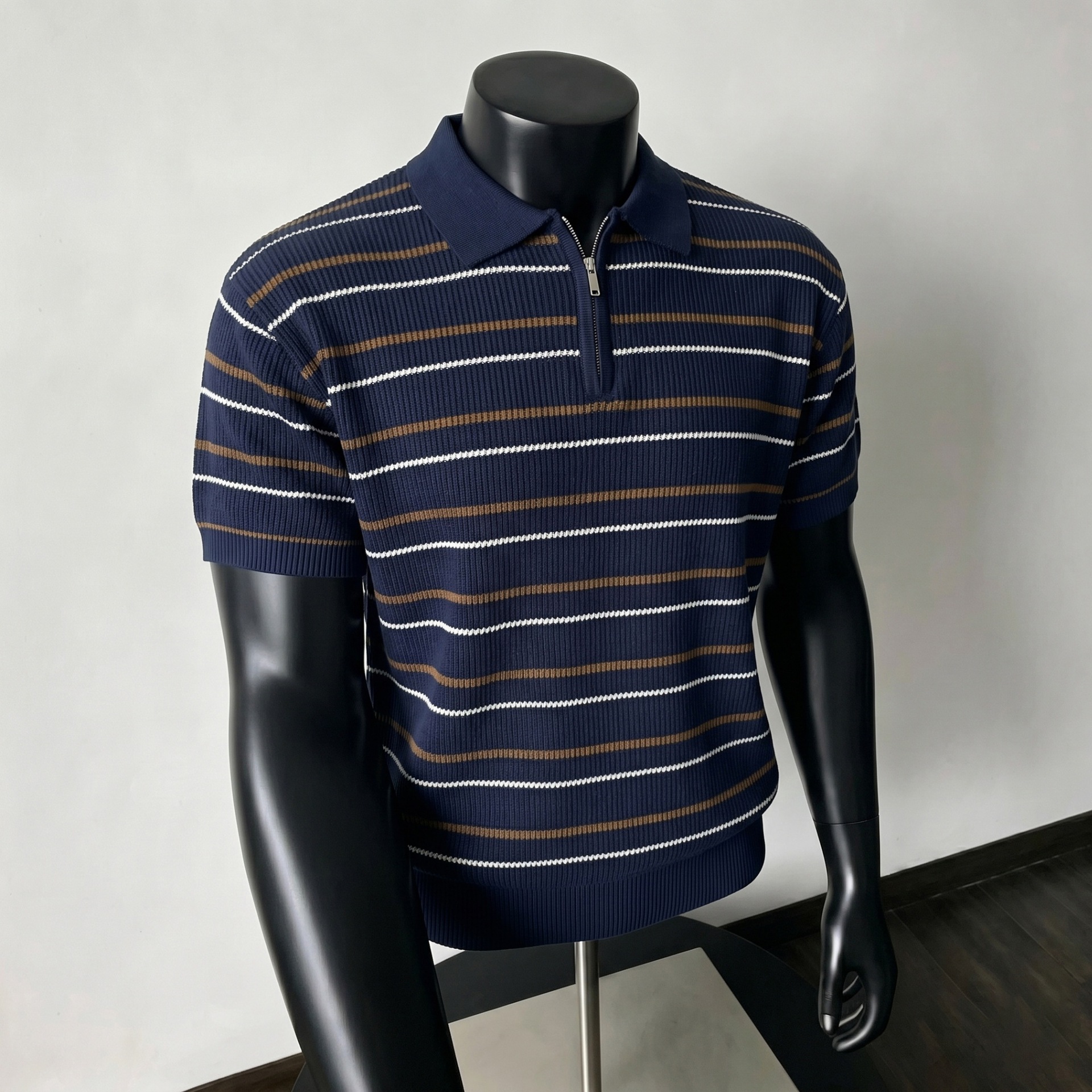 Polo camiseta camiseta de punto camiseta de manga corta camiseta de hombre medio cremallera estriada textural viejo viento de verano fábrica transfronteriza al por mayor