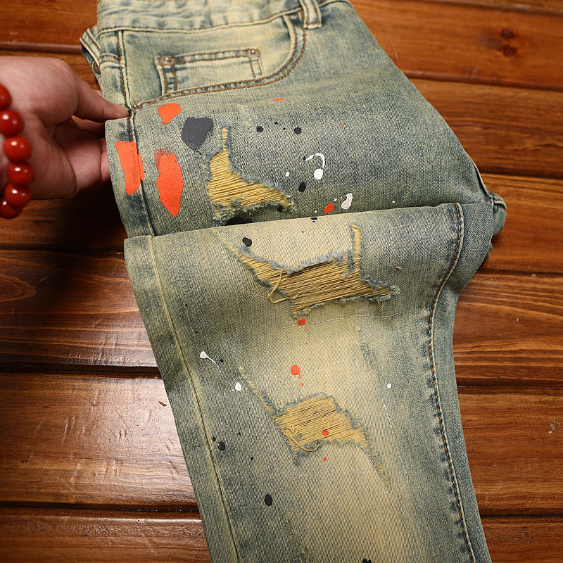 Men's Slim-Fit Ripped Jeans with Splatter Paint, Stretchy Skinny Fit, Distressed Patches, Vintage Style, Street Fashion Casual Pants