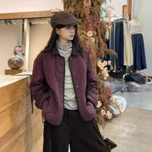 复古Polo领纯色棉衣女秋冬025年新款宽松亚麻外套休闲显瘦上衣