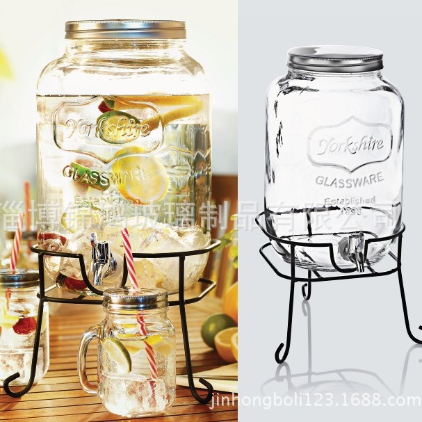 厂家供应8L 玻璃果汁罐带龙头金属底座