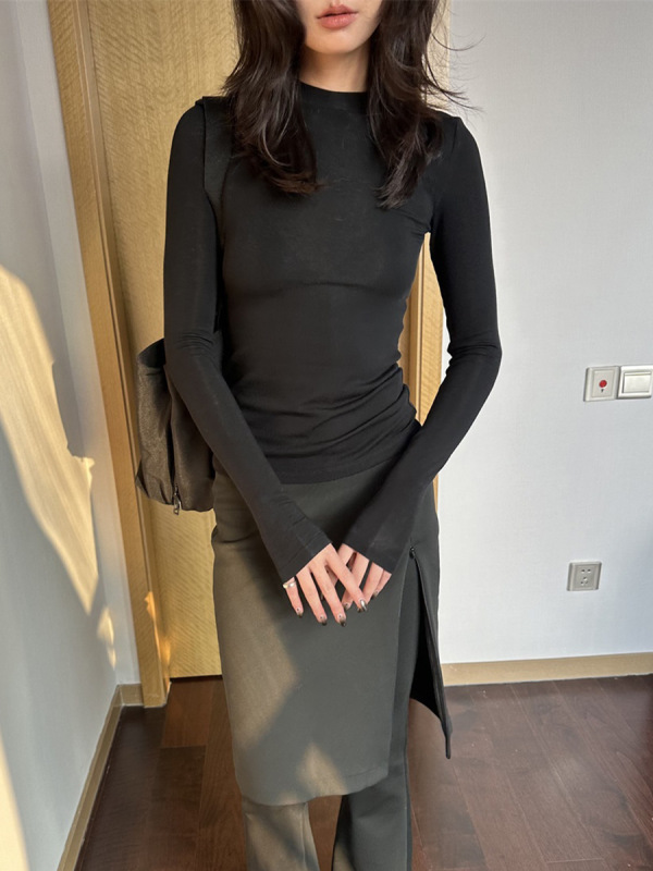 莱赛尔修身高级感圆领T恤早上衣秋冬天丝美利奴羊毛打底衫长袖女|undefined