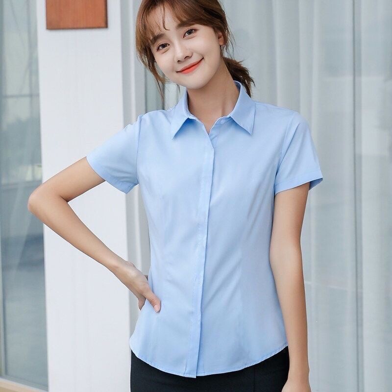 Blue Short-Sleeved Shirt for Women, Spring, Summer and Autumn New Korean Style Slim Shirt, Ol Style Work Clothes, Professional Wear, Light Blue