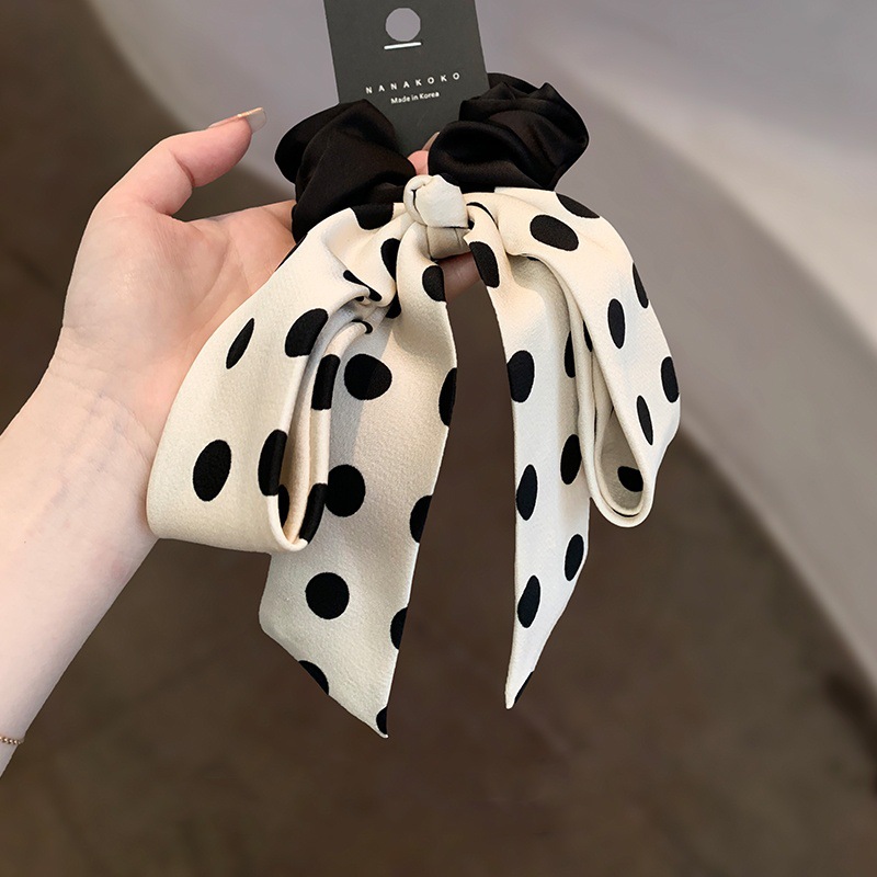 Chouchou coréen élégant haut de gamme style Hepburn en satin à pois contrastés, orné d'un nœud papillon, pour femme_voghion.com