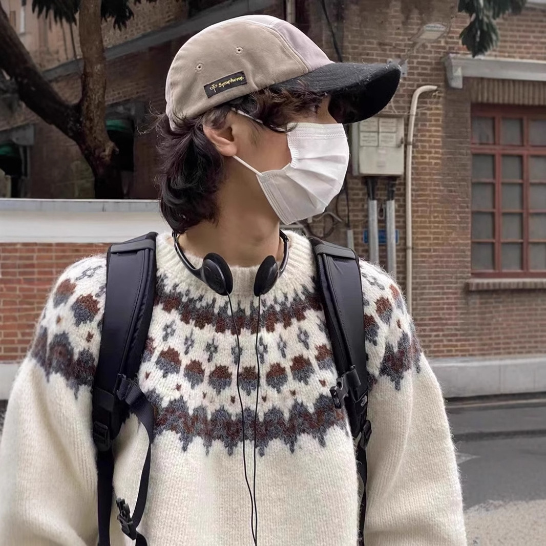 秋冬季费尔岛提花毛衣男士韩版宽松小众设计民族风圆领针织衫外套