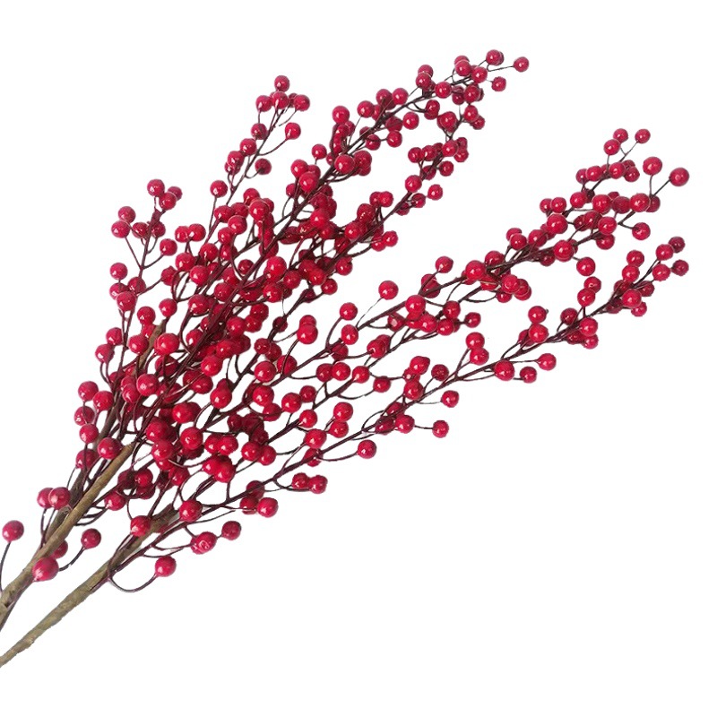 Flor Artificial de Fruta de la Fortuna de 3 Puntas, Baya Roja, Decoración para Sala de Estar, Fruta Roja de la Suerte, Rama de Fruta Artificial, Baya