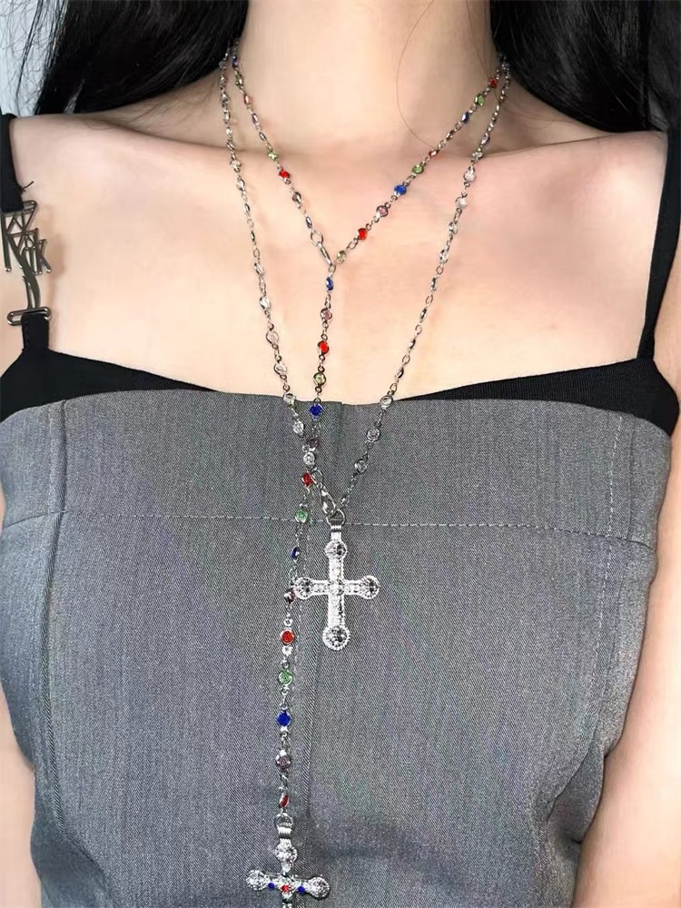 Fashionable Retro Diamond Embedded Spliced Cross Pendant Multi-Layer Colorful Hot Girl Cool Personality Long Necklace display picture 6