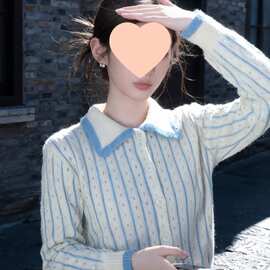 韩系撞色翻领长袖针织衫女秋季款软糯爱心波点毛衣开衫显瘦短外套
