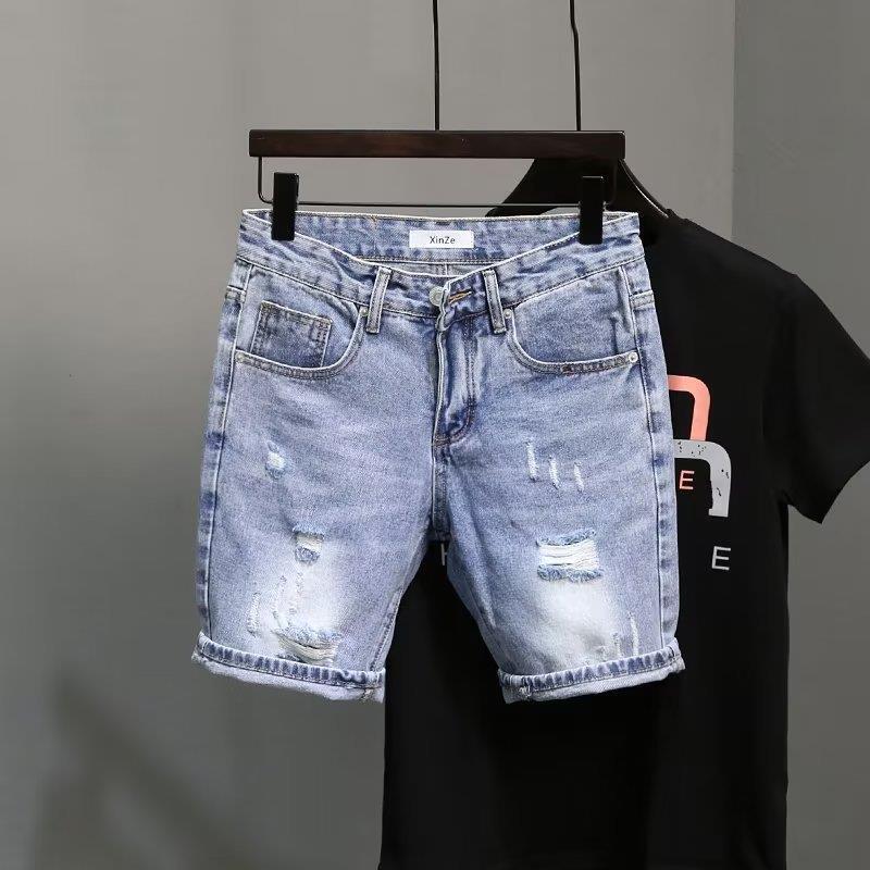 Summer light blue Ripped Denim Shorts Men's Trendy Brand Rotten Pocket Korean Style Slim-fit Straight Beggar's Half Pants