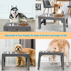 ペットフィーダー、スローフードボウル、昇降調節可能なテーブル、猫と犬のボウル、首の保護、ステンレス製ペットボウル、高架ダブルボウルラック