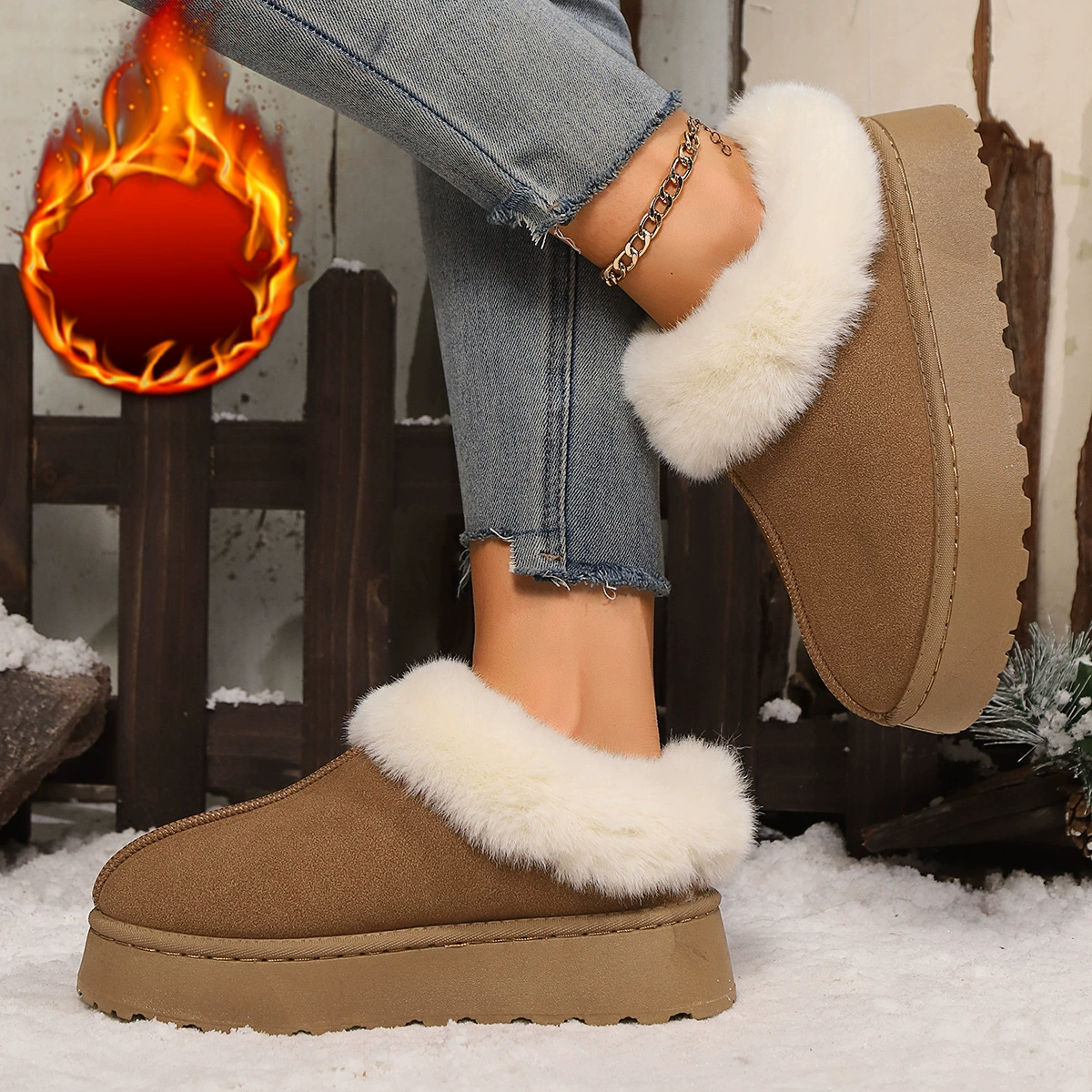 Platform ankle boots, faux‑fur lined warm slip‑on, plus sizes 36–43, black or yellow