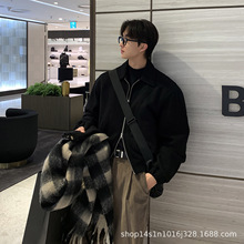 ASCLO哈灵顿夹克男士高级感黑色短款毛呢外套宽松羊毛翻领阔版