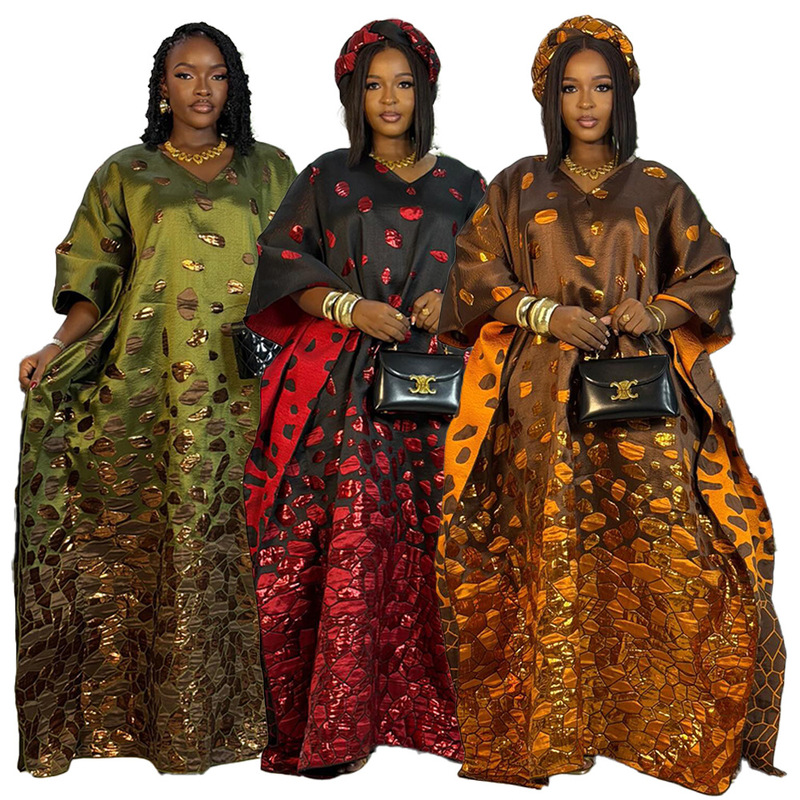 Cross-Border African Robe Headscarf Loose Plus-Size Women's Clothing European and American Foreign Trade Aliexpress Jacquard Fabric Printed Dress