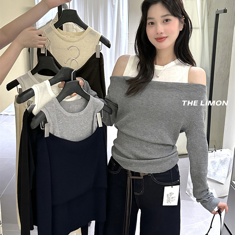 thelimon柠檬绿茶2025秋季新款一字肩修身长袖针织衫女假两件上衣|undefined