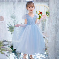 冰雪奇緣2024夏新款連衣裙女童愛莎公主雪花刺繡六一生日網紗裙子