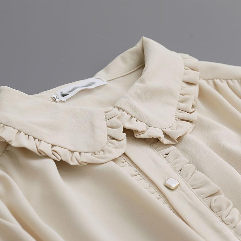 Elegant apricot Ear Edge Doll Collar Shirt Women's 2024 Spring New Loose Design Sense Lantern Sleeve Chic Top