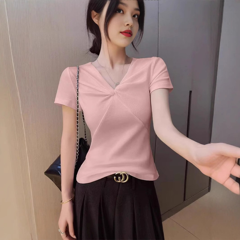 Pink V-Neck Short-Sleeve T-Shirt for Women, Summer 2026 New Style, Twisted Knot Sexy Design, Slim Fit, Stylish Commuter Top, Trendy Pink V-Neck Short-Sleeve T-Shirt for Women, Summer 2026 New Style, Twisted Knot Sexy Design, Slim Fit, Stylish Commuter Top, Trendy