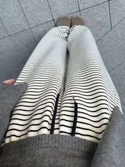 黑白条纹毛巾阔腿裤女秋冬新款高腰垂感直筒休闲小个子针织糯米裤