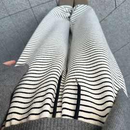 黑白条纹毛巾阔腿裤女秋冬新款高腰垂感直筒休闲小个子针织糯米裤