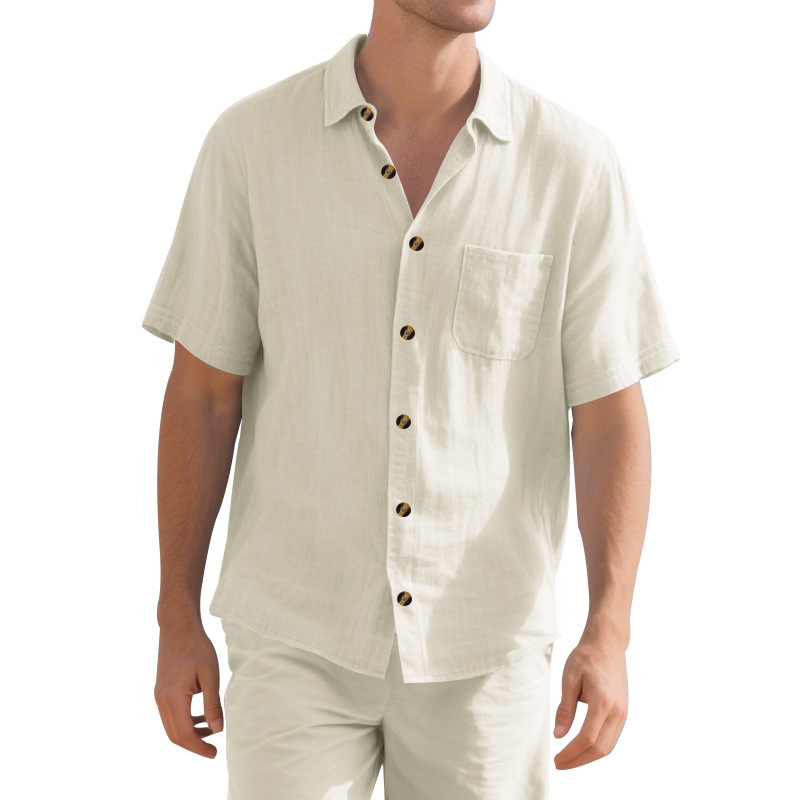 Transfronterizos Amazon hombre verano sólido con lazo de cuello corto Cardigan de manga corta camisa de vacaciones Casual comercio exterior hombre
