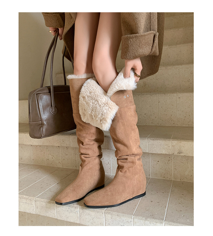 Boot tuyết nữ cổ cao ôm chân, lót lông dày, gót wedge nâng chiều cao, hai kiểu mang — màu xám chi tiết 15