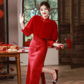 红色蕾丝长款旗袍2023新款年轻款女复古修身长袖新娘敬酒服秋冬装