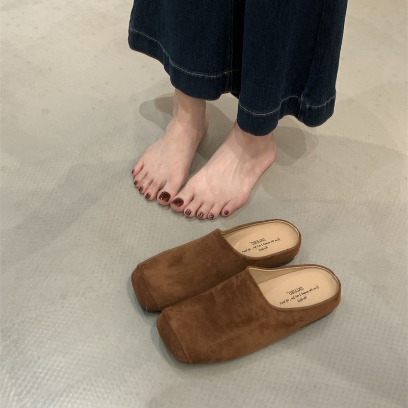 春夏2025新款麂皮穆勒鞋凉拖鞋女尖头绒面低跟单鞋简约包头半拖鞋|undefined