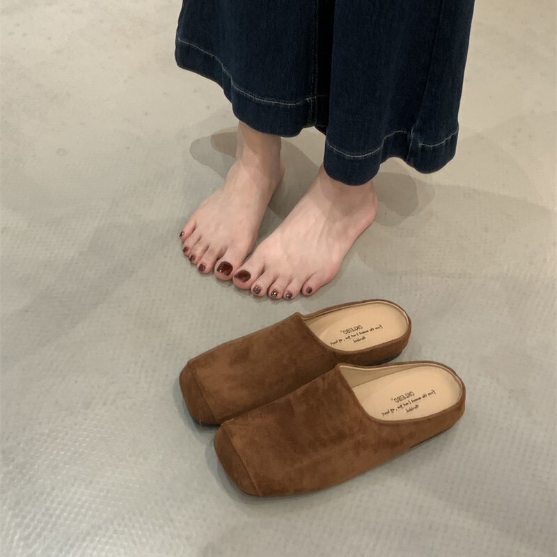 Spring and Summer 2025 New Suede Mule Sandals for Women, Pointed Toe Suede Low-Heeled Flats, Simple Toe-Cap Half Slippers