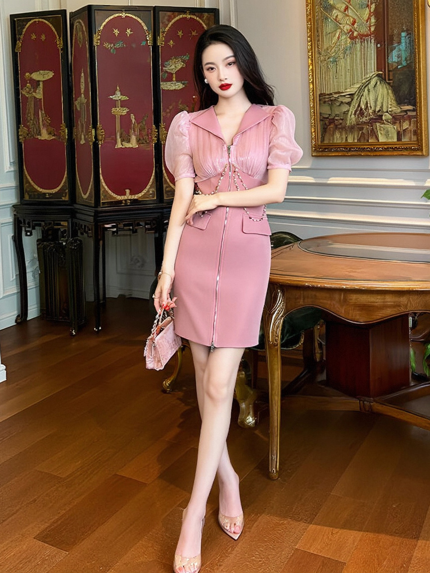 Đầm ôm body nữ cổ vest thiết kế eo cao tôn dáng — Màu hồng mây