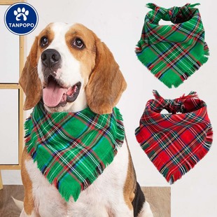 Tanpopo new cross-border Plaid tassel triangle towel pet Christmas triangle towel pet saliva towel scarf
