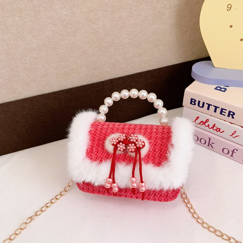 2025 bolsos de Año Nuevo para niños bolsos de perlas princesa de estilo cuadrado bolsos de hombro de cadenas de peluche niñas