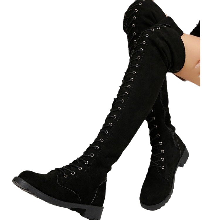 Plus-size sexy, chunky støvletter over kneet i semsket skinn med rund tå og krysskant for kvinner_voghion.com