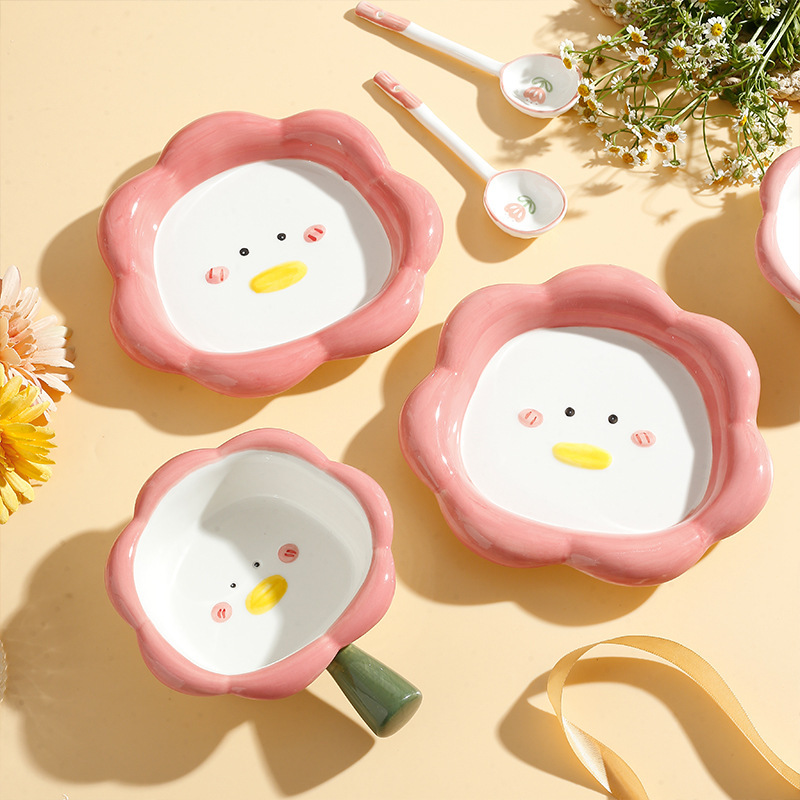 New Sunflower Ceramic Tableware Cartoon Cute Household Ceramic Bowl Plate Underglaze Color Microwave Oven Cake Plate