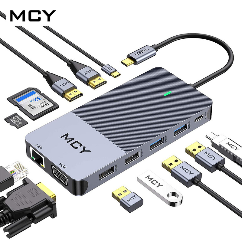 12-in-1 docking station dual HDMI plus VGA three display USB Type-C hub with PD audio network cable card reader
