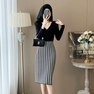 法式名媛小香风小黑裙女秋千鸟格长袖V领长袖过膝长款针织连衣裙