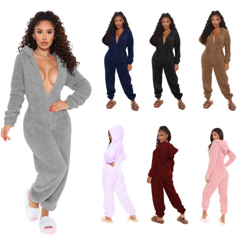 2023 новый европейский и американский осенне-зимний женский трансграничный внешнеторговый утолщенный комбинезон Мао на флисовой подкладке, пижама с капюшоном