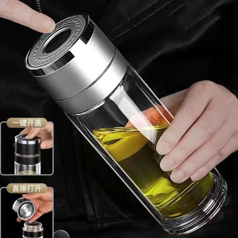 One-touch opening water cup for men, luxury high-end tea-separating glass cup, quick-open cup, customizable with text