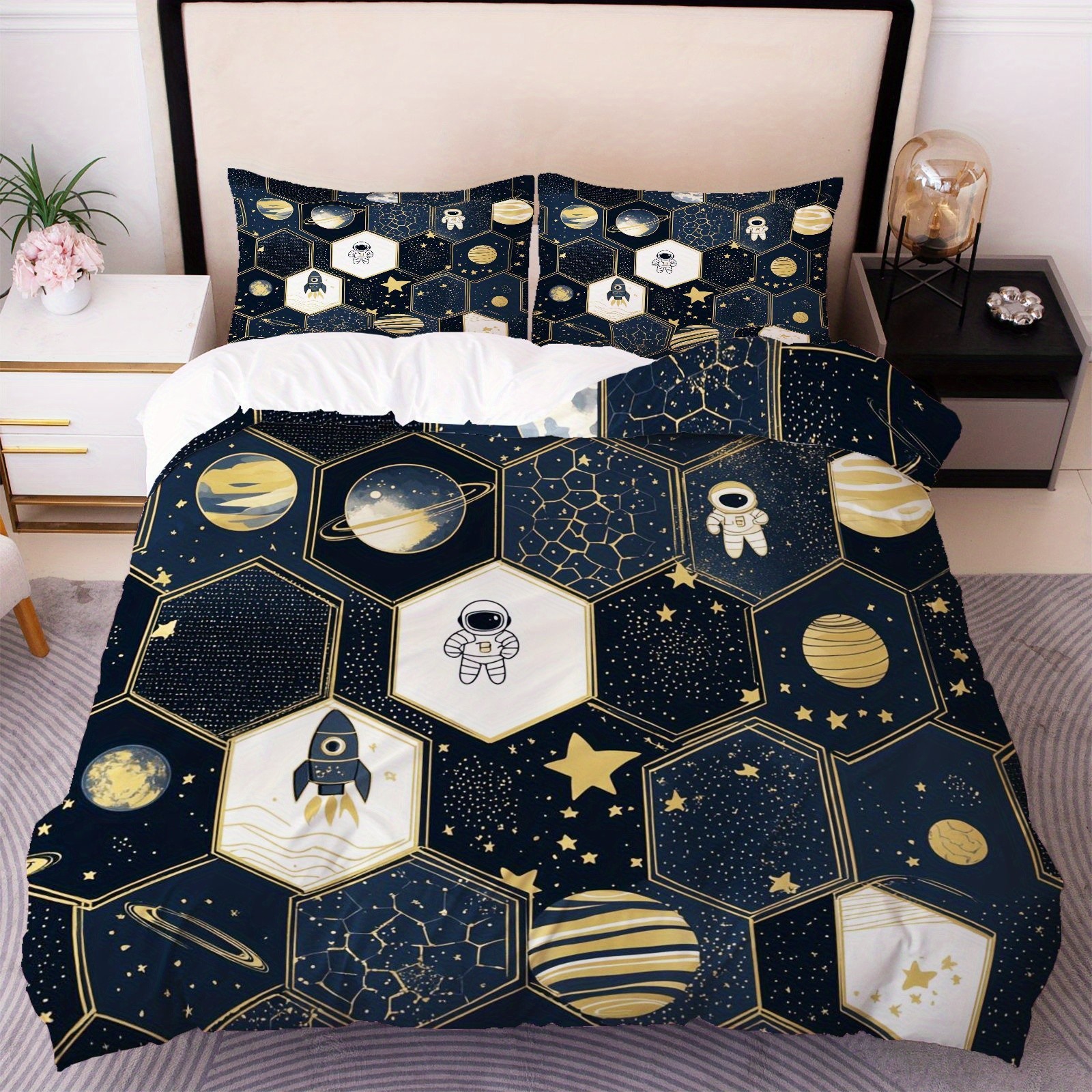 Cartoon Astronaut Digital Printed Edredon Kit Textile Transpirable Transfronterizo Fuente TEMU / JIT