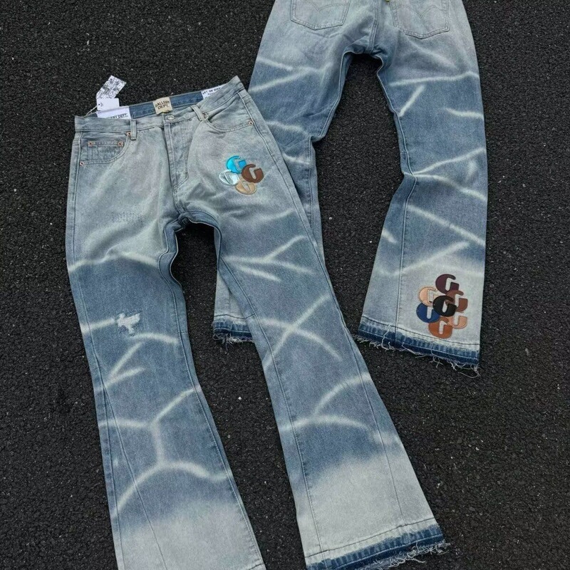 Cross-Border Spring and Autumn New High Street Style Washed G-Label Gradient Color Distressed Jeans for Men, New Flared Straight-Leg Pants